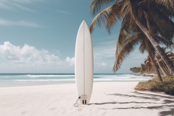 Landscape with surfboard on the beach, coconut trees and sea. Generative AI