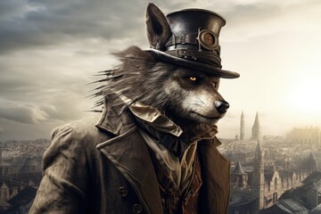 Fototapeta premium Wolf man with top hat and costume in steampunk style, city in background, fantasy concept. Generative AI