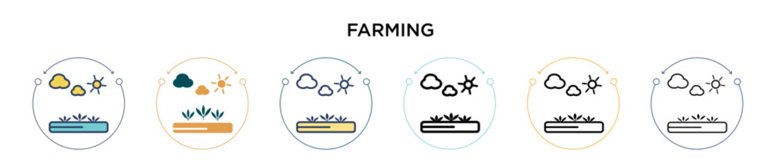 Farming icon in filled, thin line, outline and stroke style. Vector illustration of two colored and black farming vector icons designs can be used for mobile, ui, web