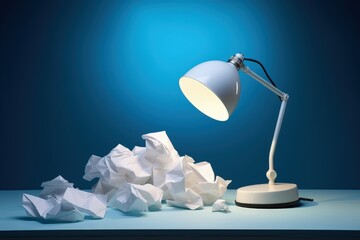 Illustration of table lamp and crumpled papers, spotlight, blue background. Generative AI