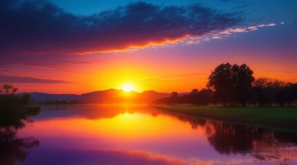 Obraz premium The vibrant colors of the sky and the calmness of the scene could inspire a sense of hope, determination, and the idea that every day is a fresh opportunity to achieve one's goals.