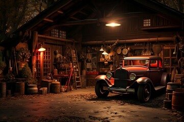 Old garage or shed with a vintage car: An old automotive scene, Generative Ai - obrazy, fototapety, plakaty