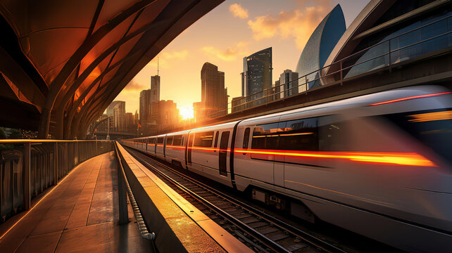 "Sleek Urban Speed: City Sunset Train Journey