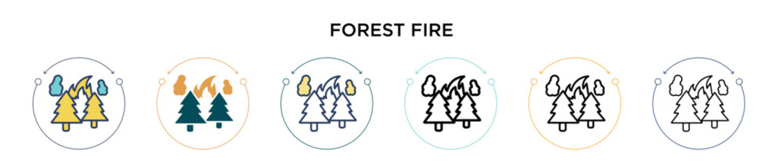 Fototapeta premium Forest fire icon in filled, thin line, outline and stroke style. Vector illustration of two colored and black forest fire vector icons designs can be used for mobile, ui, web