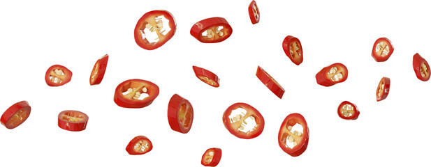 3d render falling red chilli slices © Arasigner