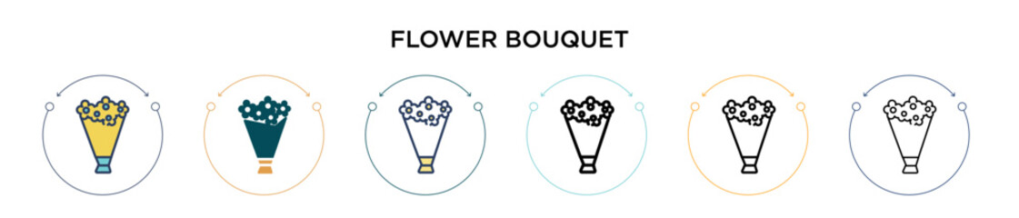 Flower bouquet icon in filled, thin line, outline and stroke style. Vector illustration of two colored and black flower bouquet vector icons designs can be used for mobile, ui, web