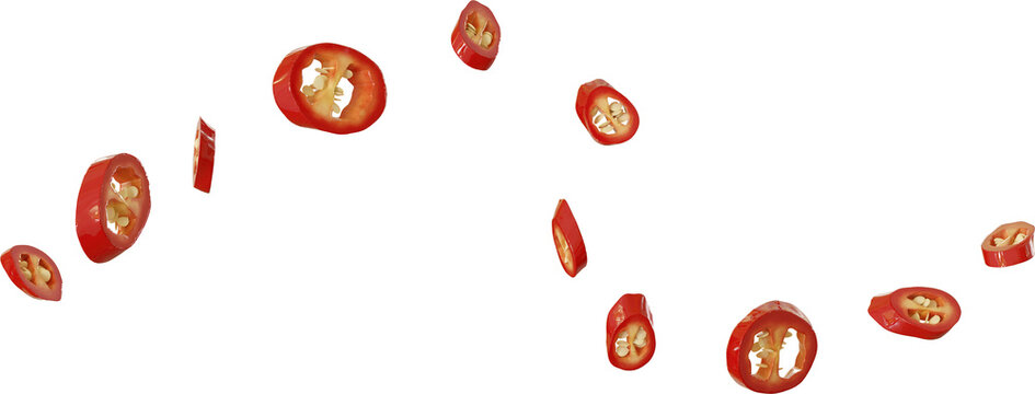 3d render falling red chilli slices