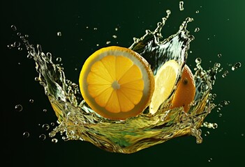 splash of lemons on green background