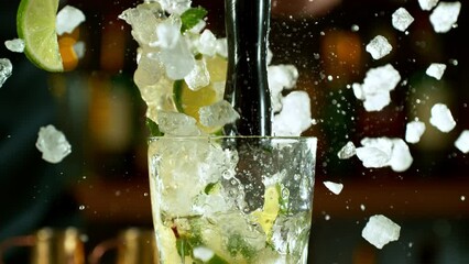 Super slow motion of making mojito cocktail with camera movement. Speed ramp effect. Filmed on high speed cinema camera with cinebot, 1000 fps. - Powered by Adobe