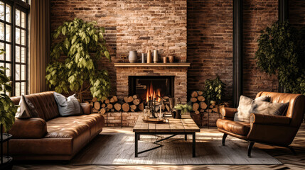 Cozy Rustic Living Room with Exposed Brick, Wooden Beams, Stone Fireplace, and Sunset Light - Generative AI