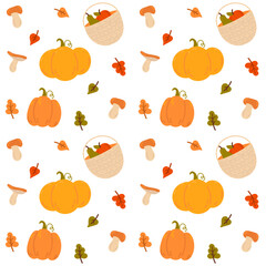 Autumn seamless pattern with pumpkin, leafs and mushrooms