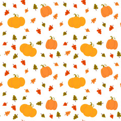 Autumn seamless pattern with pumpkin, leafs 