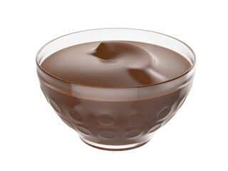 Chocolate pudding in a glass bowl on transparent background
