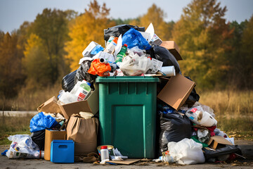 Garbage containers full of trash. Green plastic rubbish bin. Generative AI.