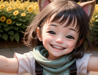 Little positive girl in city park. Portrait of happy kid with smile on walk. Generative AI.