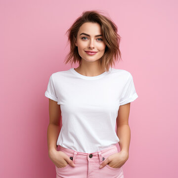 mujer joven de pelo corto rubio on camisa blanca de manga corta, sobre fondo rosa,, lustraci&oacute;n de ia generativa