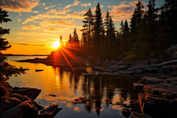 Midwest Majesty: Sunrise over Isle Royale National Park in Michigan's Upper Peninsula: Generative AI - obrazy, fototapety, plakaty