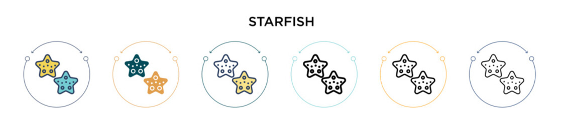 Starfish icon in filled, thin line, outline and stroke style. Vector illustration of two colored and black starfish vector icons designs can be used for mobile, ui, web