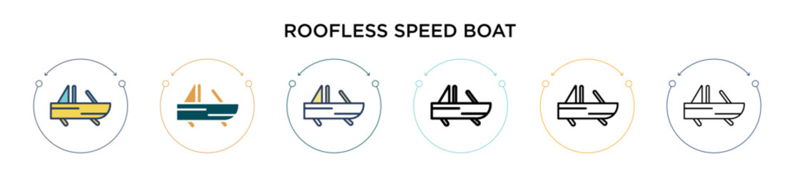 Roofless speed boat icon in filled, thin line, outline and stroke style. Vector illustration of two colored and black roofless speed boat vector icons designs can be used for mobile, ui, web