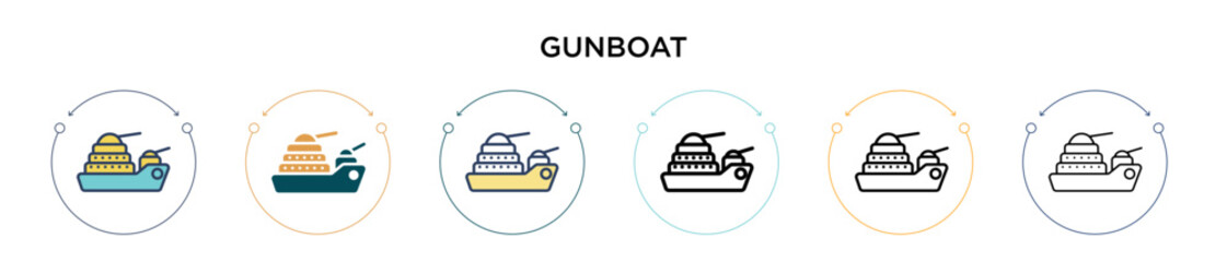 Naklejka premium Gunboat icon in filled, thin line, outline and stroke style. Vector illustration of two colored and black gunboat vector icons designs can be used for mobile, ui, web