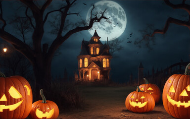 Halloween background with pumpkins and haunted house - 3D render