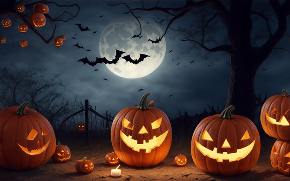 Halloween background with pumpkins and haunted house - 3D render