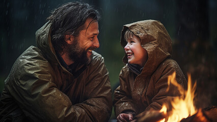 Happy time of father and son enjoying campfire