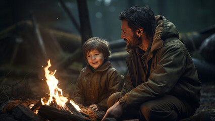 Fototapeta premium Happy time of father and son enjoying campfire