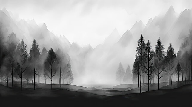Landscape Black and White Watercolour Painting