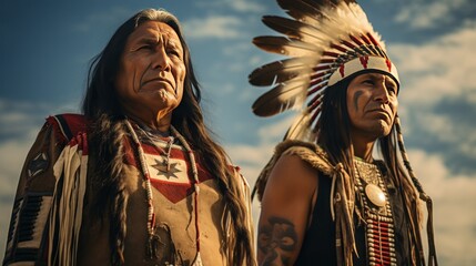 Fototapeta premium native americans wearing traditional clothes standing in front of sky, native american day, Generative AI