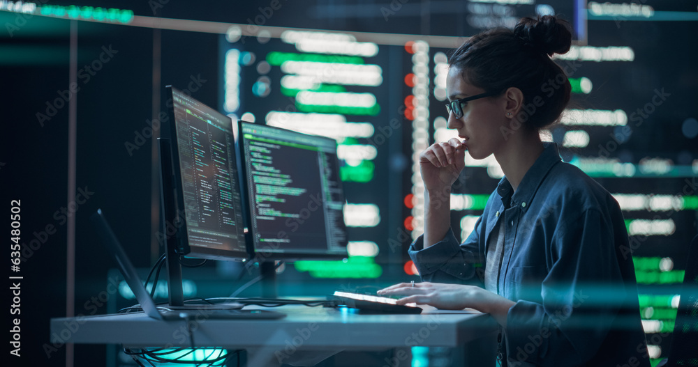 Aufkleber Female Developer Thinking and Typing on Computer, Surrounded by Big Screens Showing Coding Language. Focused Programmer Creating Software, Running Coding Tests. Futuristic Concept of Programming