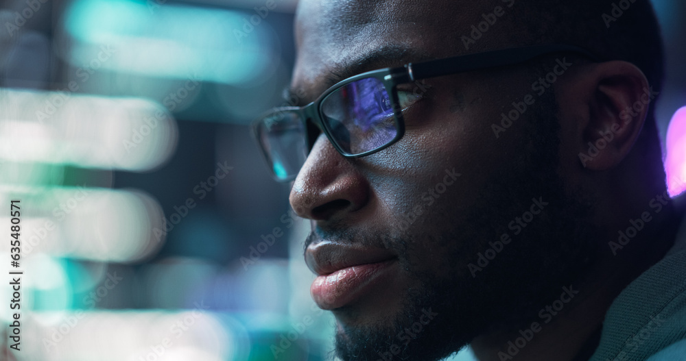 Poster Close Up Portrait of Black Man Working on Computer, Lines of Code Language Reflecting on his Glasses. Male Programmer Developing New Software, Coding, Managing Cybersecurity Project