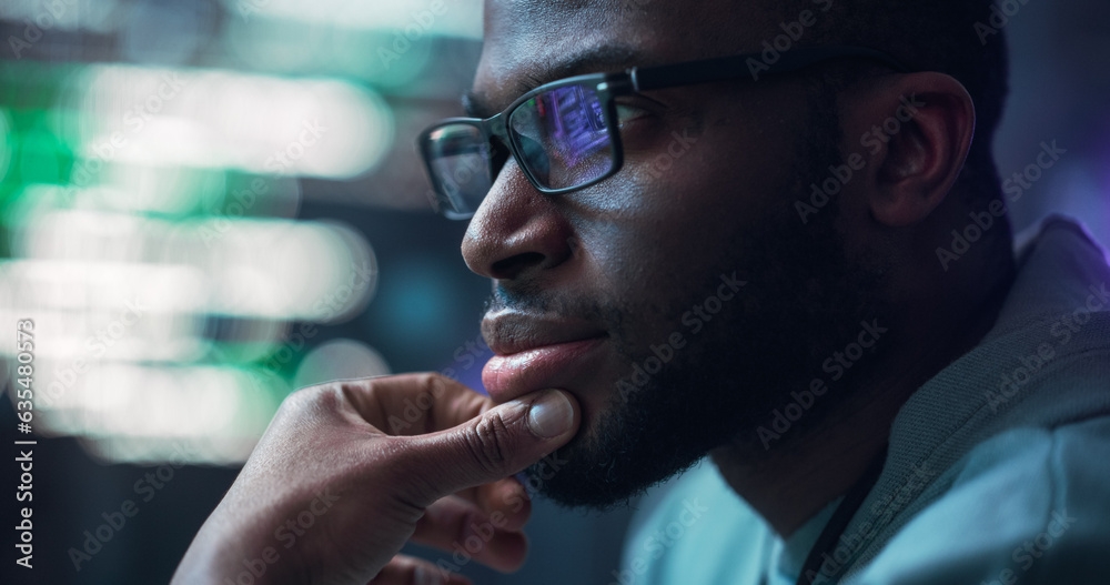 Poster Close Up Portrait of Male Programmer Developing New Software, Coding, Managing Cybersecurity Project. Black Man Working on Computer, Lines of Code Language Reflecting on his Glasses
