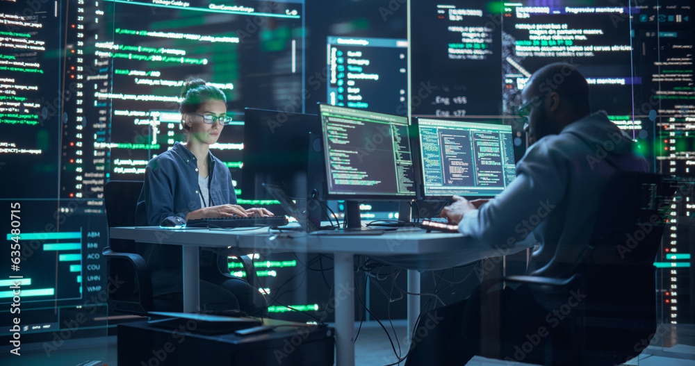 Leinwandbilder Portrait of Two Diverse Developers Working on Computer, Typing Lines of Code that Appear on Big Screens Surrounding Them. Male and Female Programmers Creating Innovative Software Together, Fixing Bugs