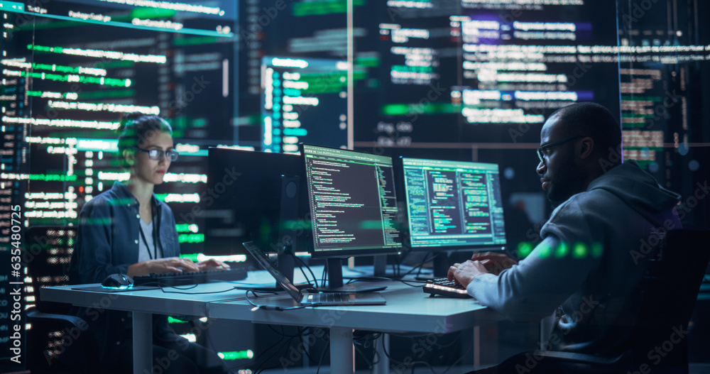 Poster Portrait of Two Diverse Developers Working on Computers, Typing Lines of Code that Appear on Big Screens Surrounding Them. Male and Female Programmers Creating Innovative Software, Fixing Bugs.