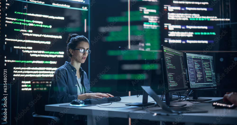 Poster Focused Woman Working as a Developer, Surrounded by Big Screens Displaying Lines of Code in a Monitoring Room. Female Programmer Using Desktop Computer, Analysing Data, Creating AI Software