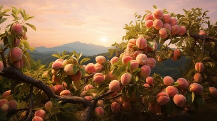 Peaches in the farm field. AI generative. - obrazy, fototapety, plakaty