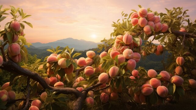 Peaches in the farm field. AI generative.