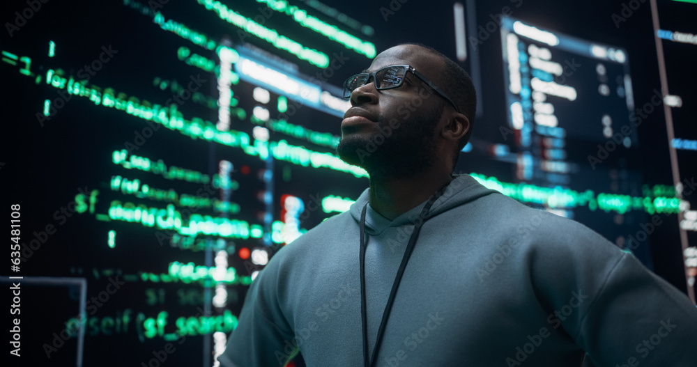 Poster Portrait of Worried Professional Programmer Fixing a Bug, Dealing with Crashing System. Young Black Man Looking at Big Digital Screens Glitching While Displaying Code Lines and Thinking of Solutions