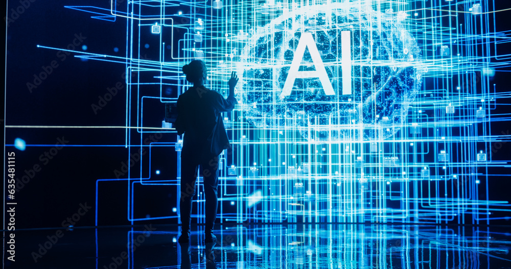 Poster Back View of Woman Holding Laptop Computer, Standing Next To a Big Digital Screen and Interacting with AI Neural Network 3D Visualization. Professional Female Manager Analysing Information in Big Data