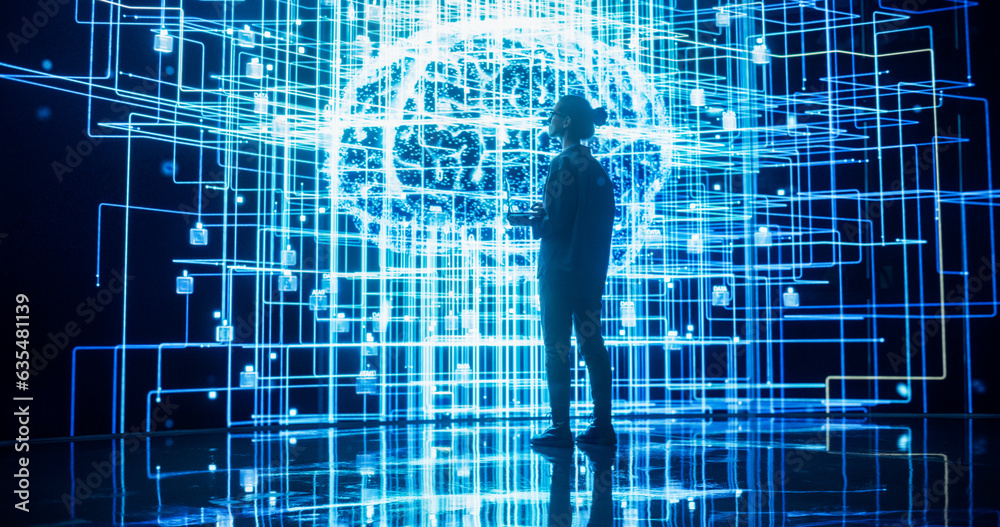 Leinwandbilder Back View of Young Woman Looking at a Big Screen with Neural Network 3D Visualisation. Professional Computer Data Science Engineer Working in System Control Room and Monitoring Telecommunications