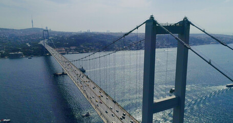 Sweeping Aerial Shot Of Bosphorus Bridge