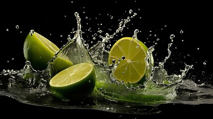 Photo of limes in splashing water. Black background. AI generative.