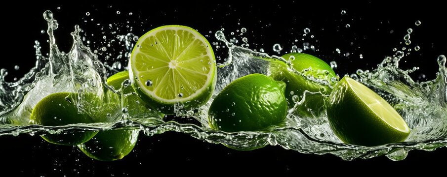 Photo of limes in splashing water. Black background. AI generative.