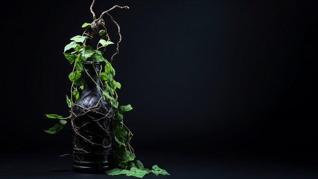 Plant in a bottle on black background (Generative AI)