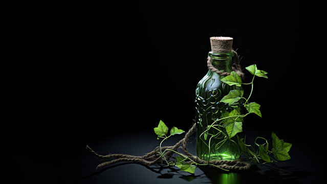 Plant in a bottle on black background (Generative AI)