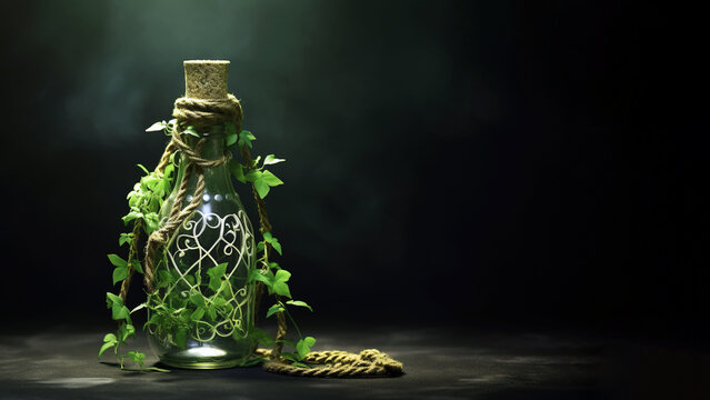 Plant in a bottle on black background (Generative AI)
