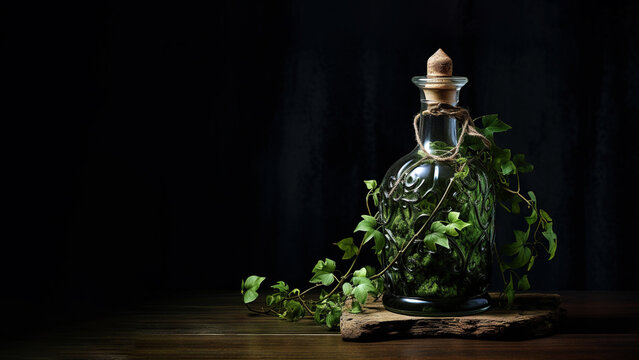 Plant in a bottle on black background (Generative AI)