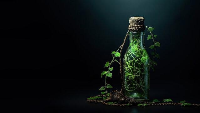 Plant in a bottle on black background (Generative AI)