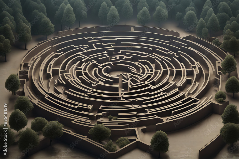 Wall mural 3d concept of a maze in the forest from which it is difficult to escape